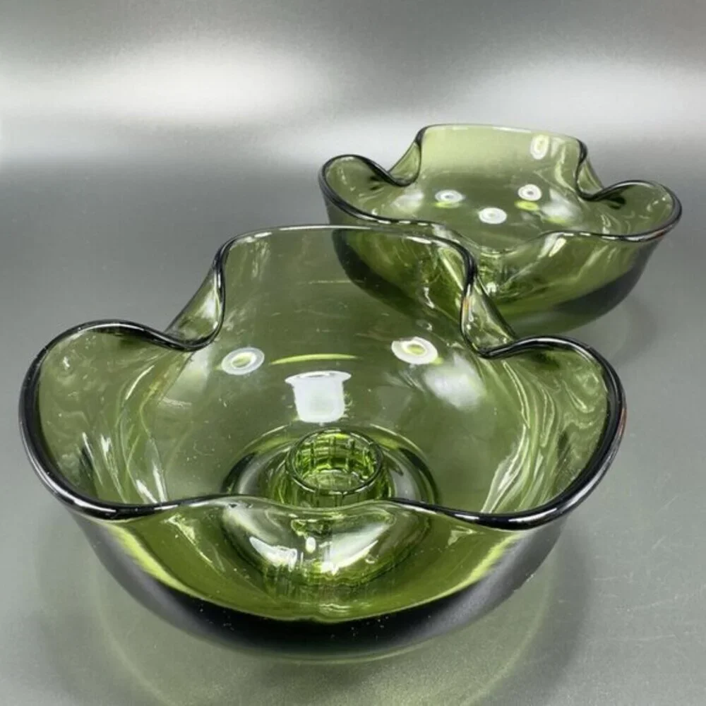 Anchor Hocking Modern Avocado Candlestick Holders Green Set 2 Folded Edge Votive